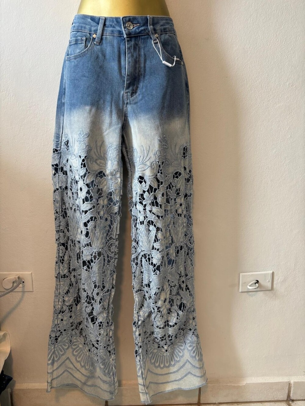 Women's Ombre Blue Lace-Overlay Wide Leg Jeans